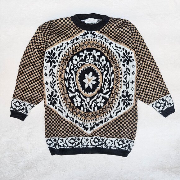 Vintage 80s Gold Black Metallic Checker Geometric Medallion Floral Size S - Picture 1 of 6